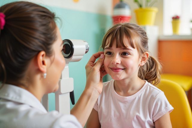 Girl at Eye Exam with Optician